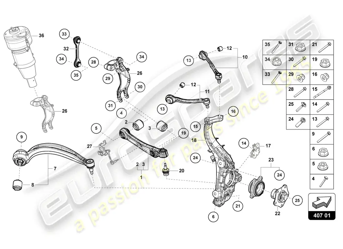 lamborghini urus s (2023) suspensión delantera diagrama de piezas
