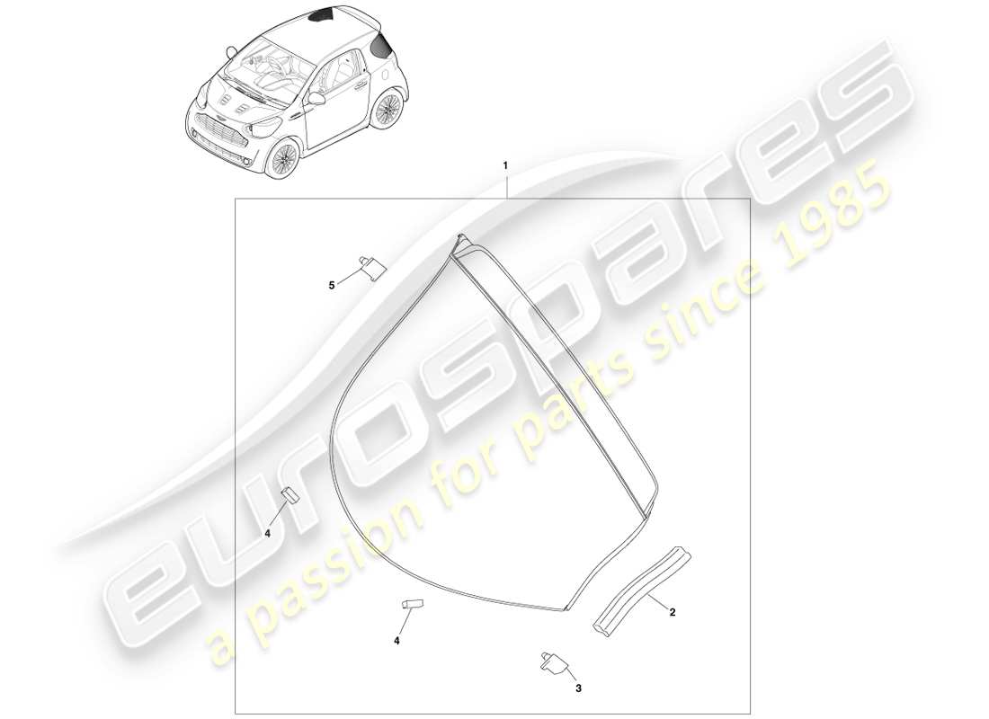 aston martin cygnet (2012) diagrama de la pieza de vidrio del cuarto trasero