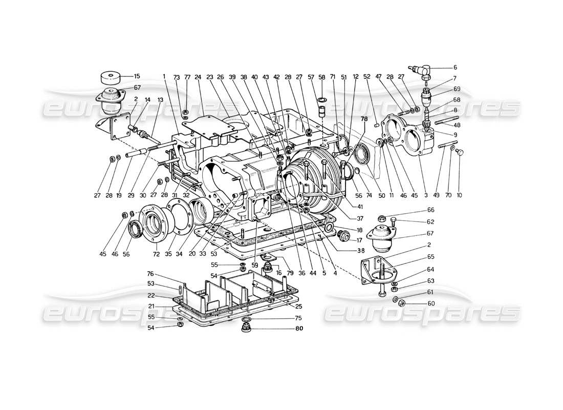 ferrari 246 dino (1975) cárter de aceite - diagrama de piezas de caja de cambios y diferencial