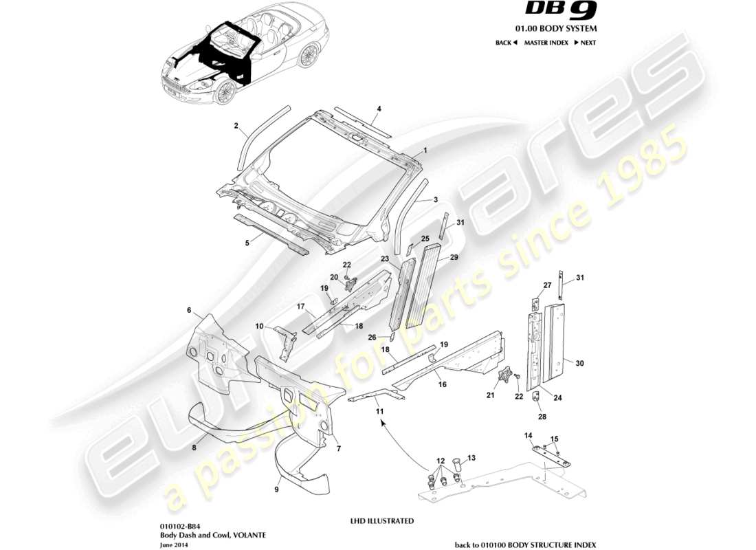 aston martin db9 (2008) carrocería y capó, volante diagrama de piezas