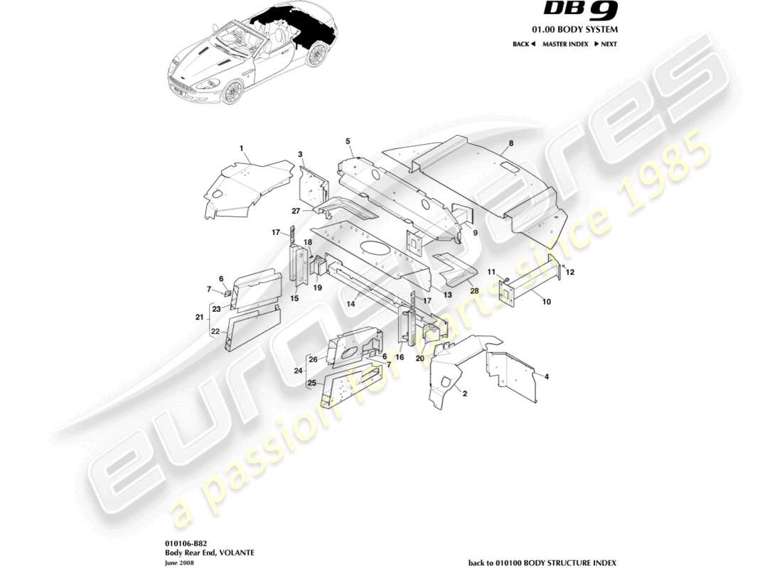 aston martin db9 (2005) parte trasera de la carrocería, diagrama de piezas del volante