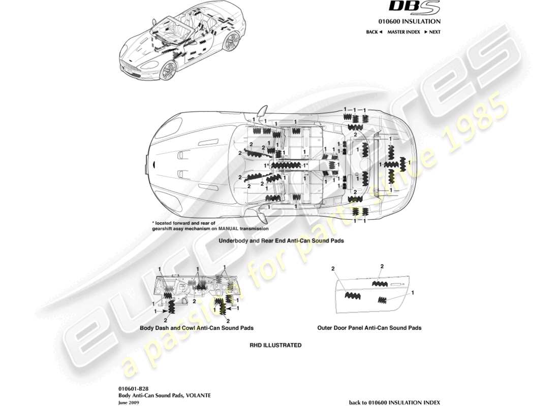 aston martin dbs (2007) almohadillas de sonido anti-can, volante diagrama de piezas