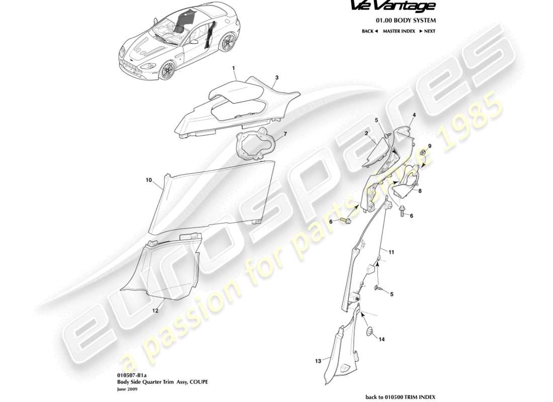 aston martin v12 vantage (2011) guarnecido lateral de la carrocería, diagrama de piezas del cupé