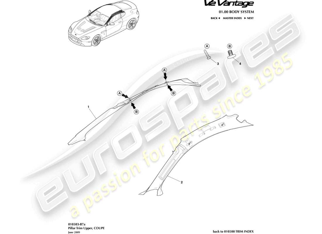 aston martin v12 vantage (2010) guarnición del pilar, superior, diagrama de piezas del cupé