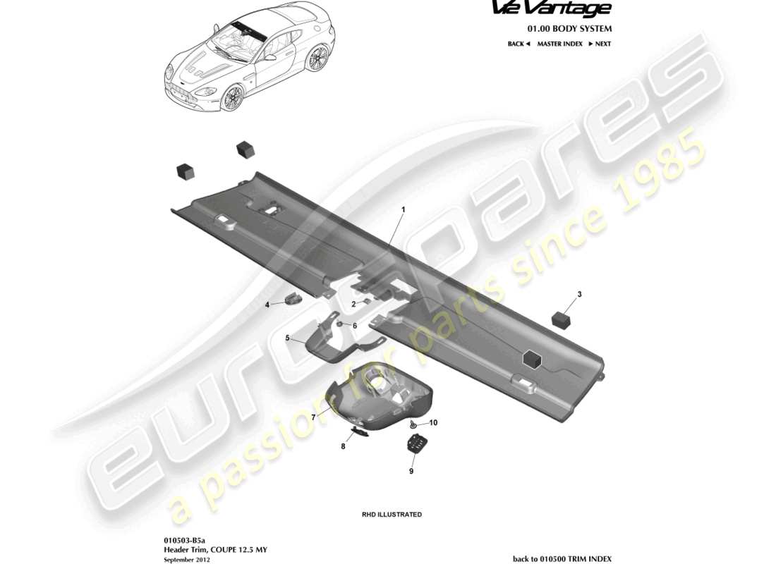 aston martin v12 vantage (2011) diagrama de pieza del embellecedor del cabezal, cupé 12.5my