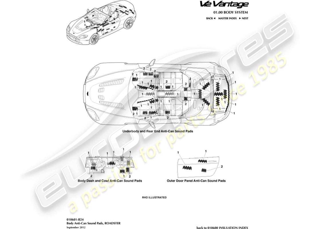 aston martin v12 vantage (2011) almohadillas de sonido anti-can, diagrama de piezas del roadster