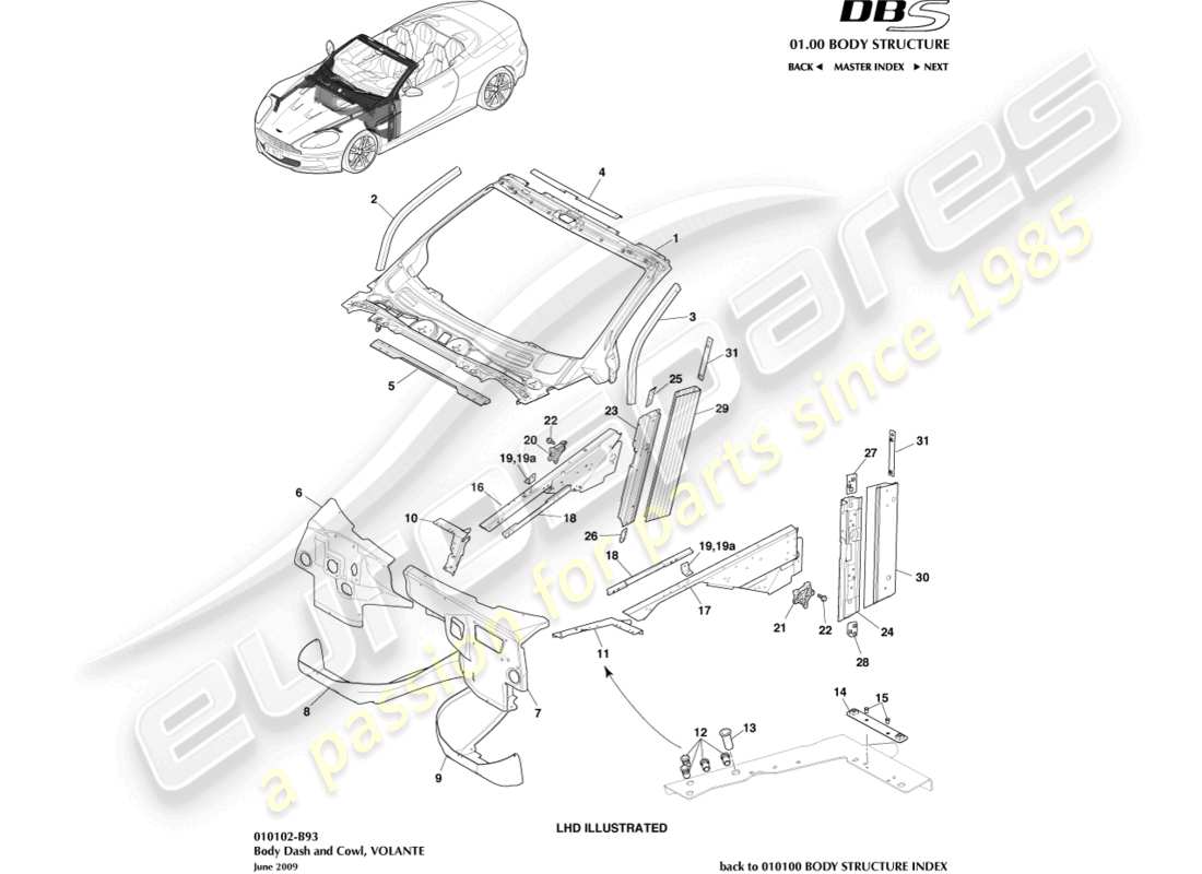 aston martin dbs (2007) carrocería y capó, volante diagrama de piezas
