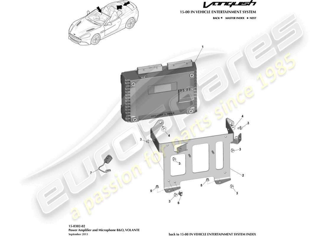 aston martin vanquish (2015) amplificadores, b&o, diagrama de piezas volante