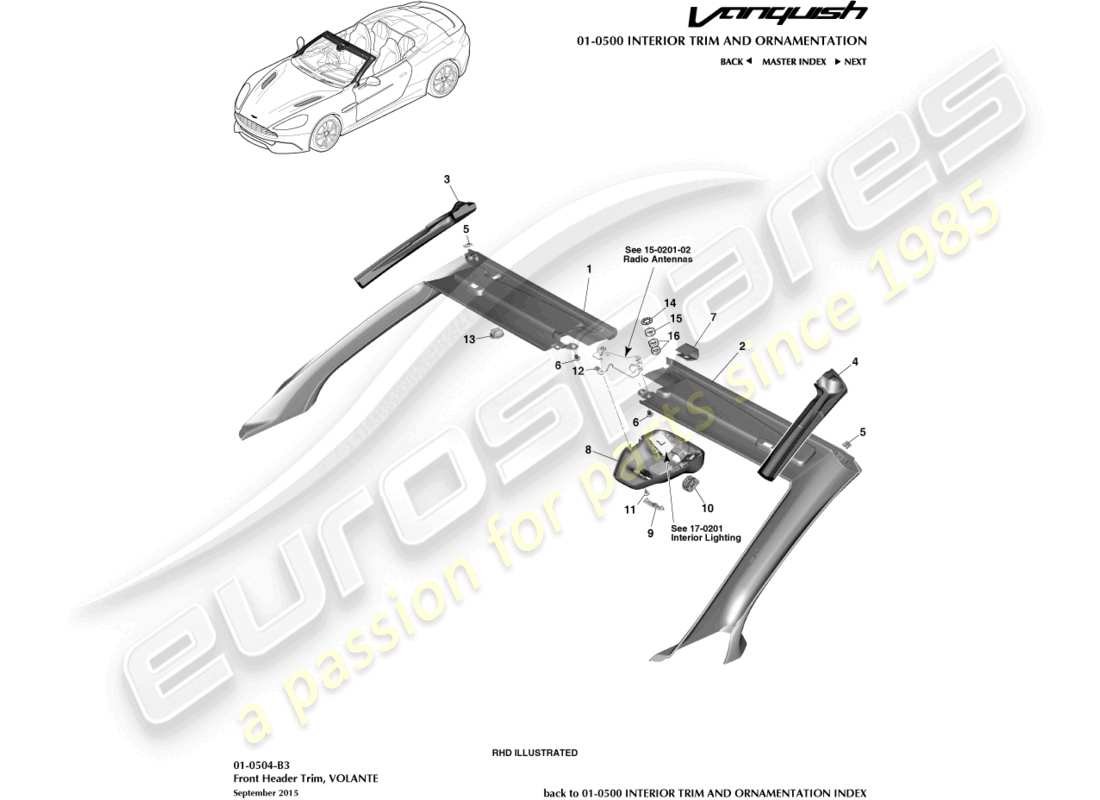 aston martin vanquish (2016) embellecedor del cabezal delantero, diagrama de piezas de volante