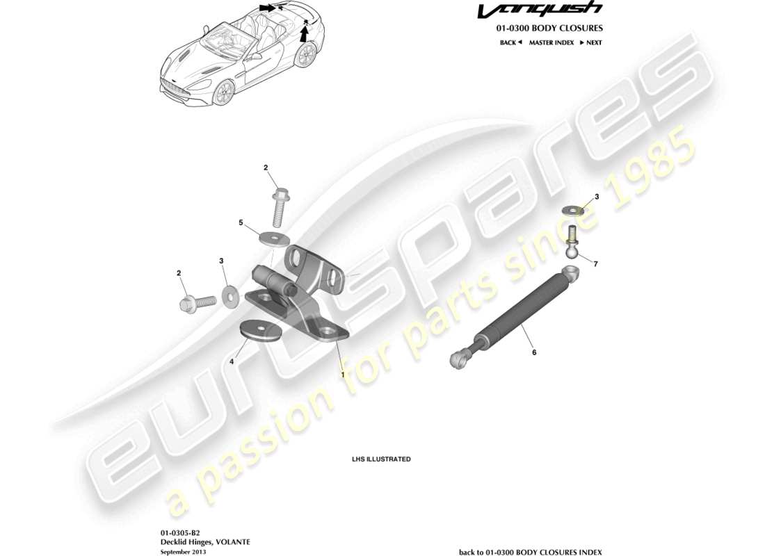 aston martin vanquish (2016) bisagras de la tapa de la cubierta, diagrama de piezas de volante
