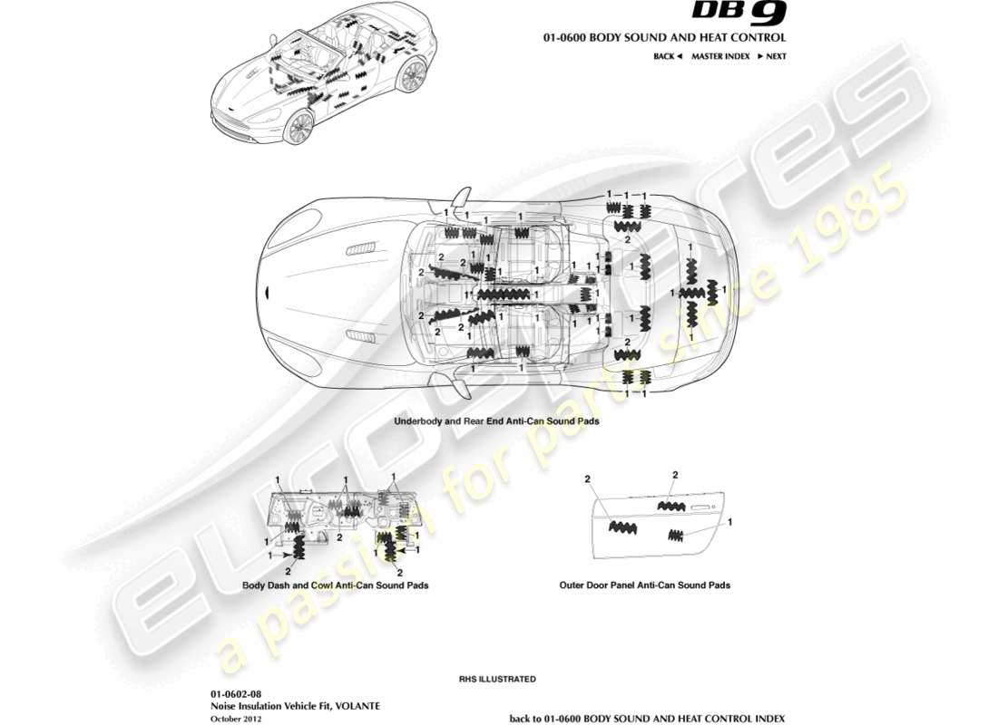aston martin db9 (2016) aislamiento acústico, diagrama de piezas de volante