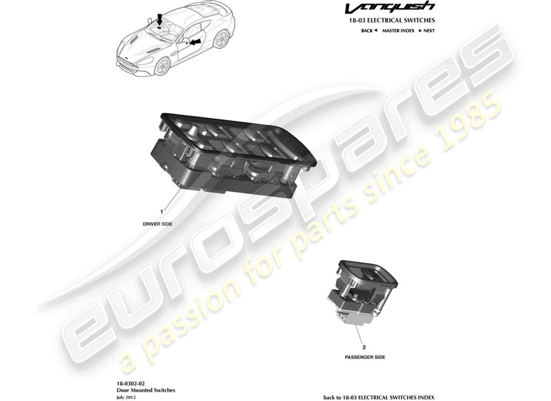 aston martin vanquish (2015) interruptores montados en puerta diagrama de piezas