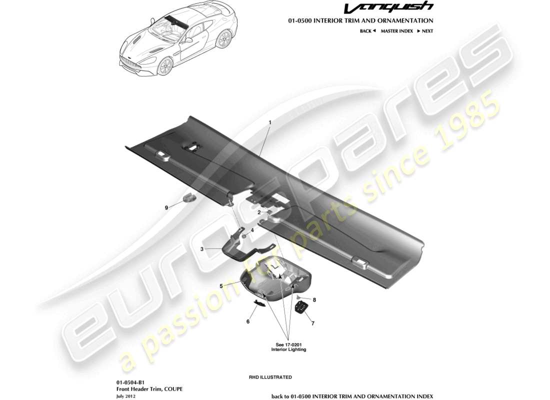 aston martin vanquish (2015) embellecedor del cabezal delantero, diagrama de piezas del cupé