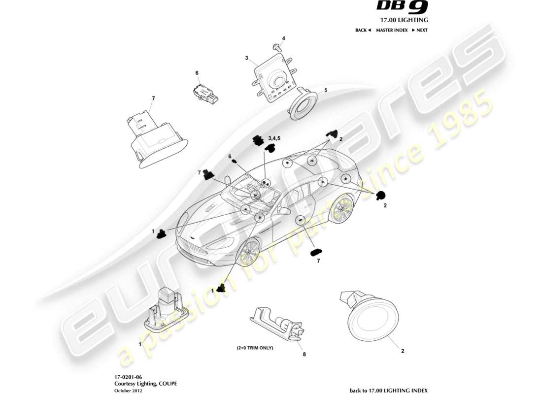 aston martin db9 (2016) iluminación de cortesía, diagrama de piezas del cupé