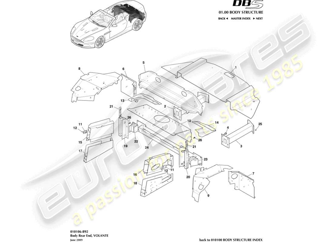 aston martin dbs (2011) body rear end, volante diagrama de piezas