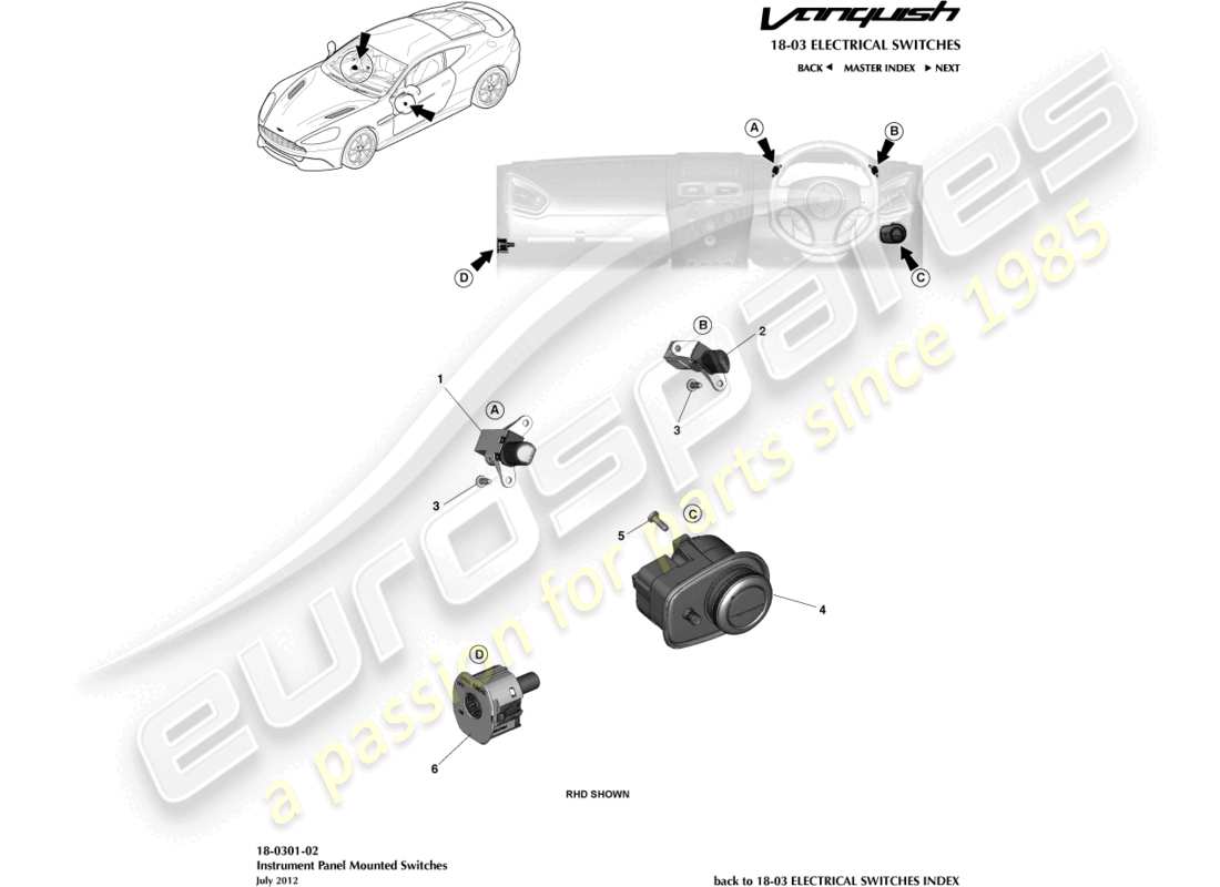 aston martin vanquish (2015) conmutadores ip diagrama de piezas