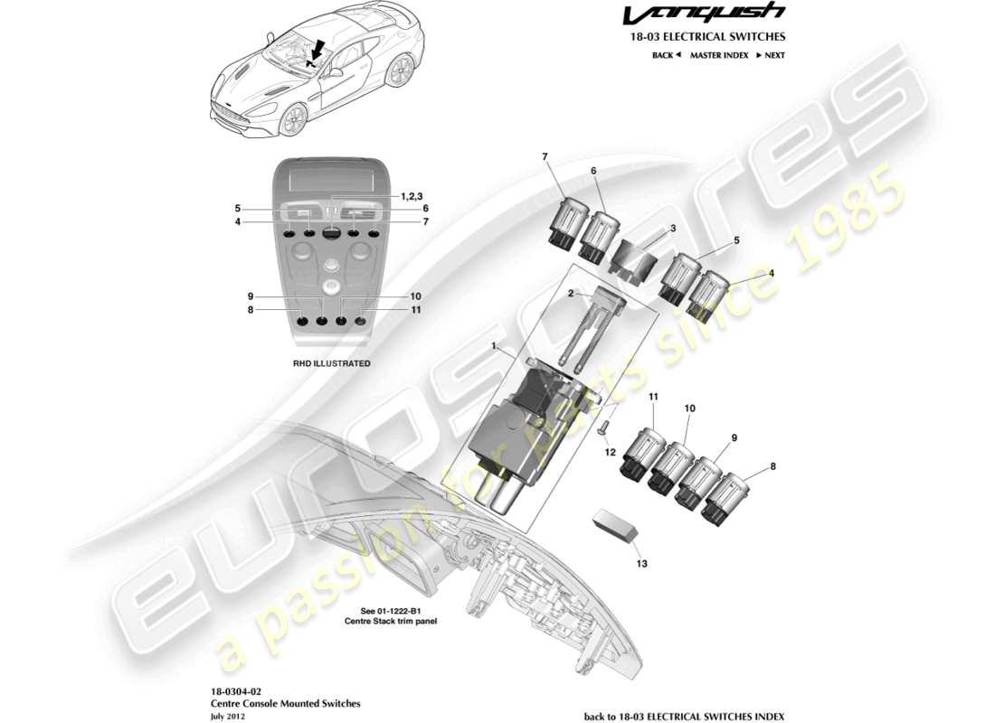 aston martin vanquish (2018) interruptores de consola central diagrama de piezas