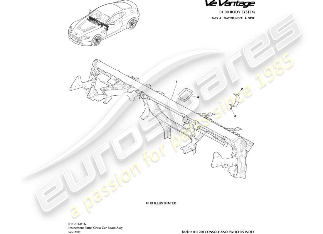 aston martin v12 vantage (2010) diagrama de piezas de la viga transversal del vehículo