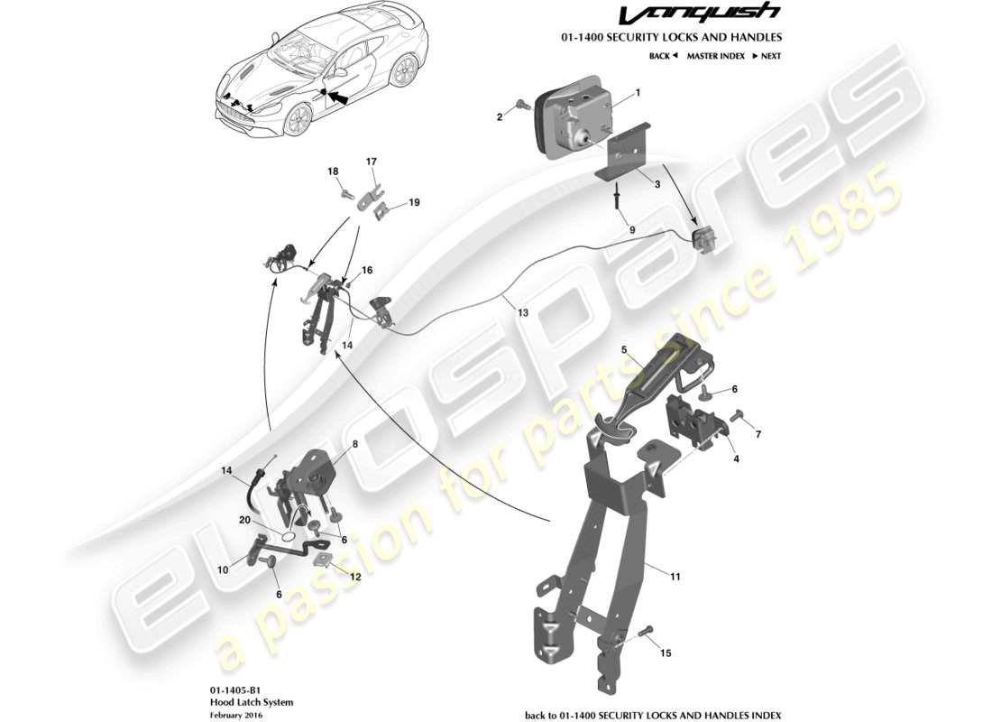 aston martin vanquish (2015) actuación y cierre del capó diagrama de piezas