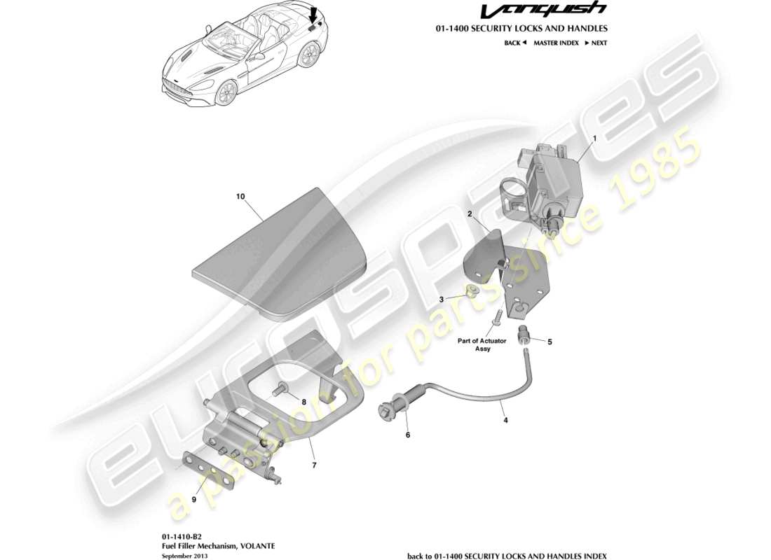 aston martin vanquish (2015) mecanismo de llenado de combustible, diagrama de piezas de volante
