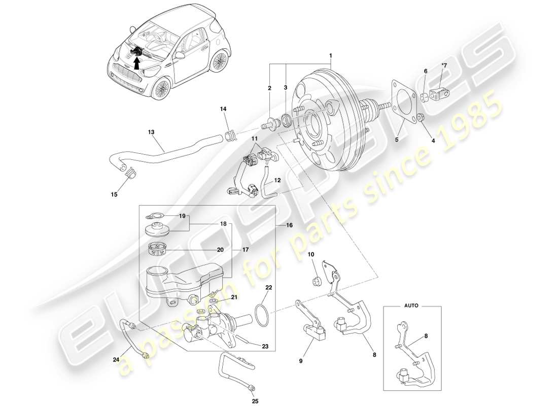 aston martin cygnet (2012) diagrama de piezas del volante a la derecha del depósito y la manguera de vacío