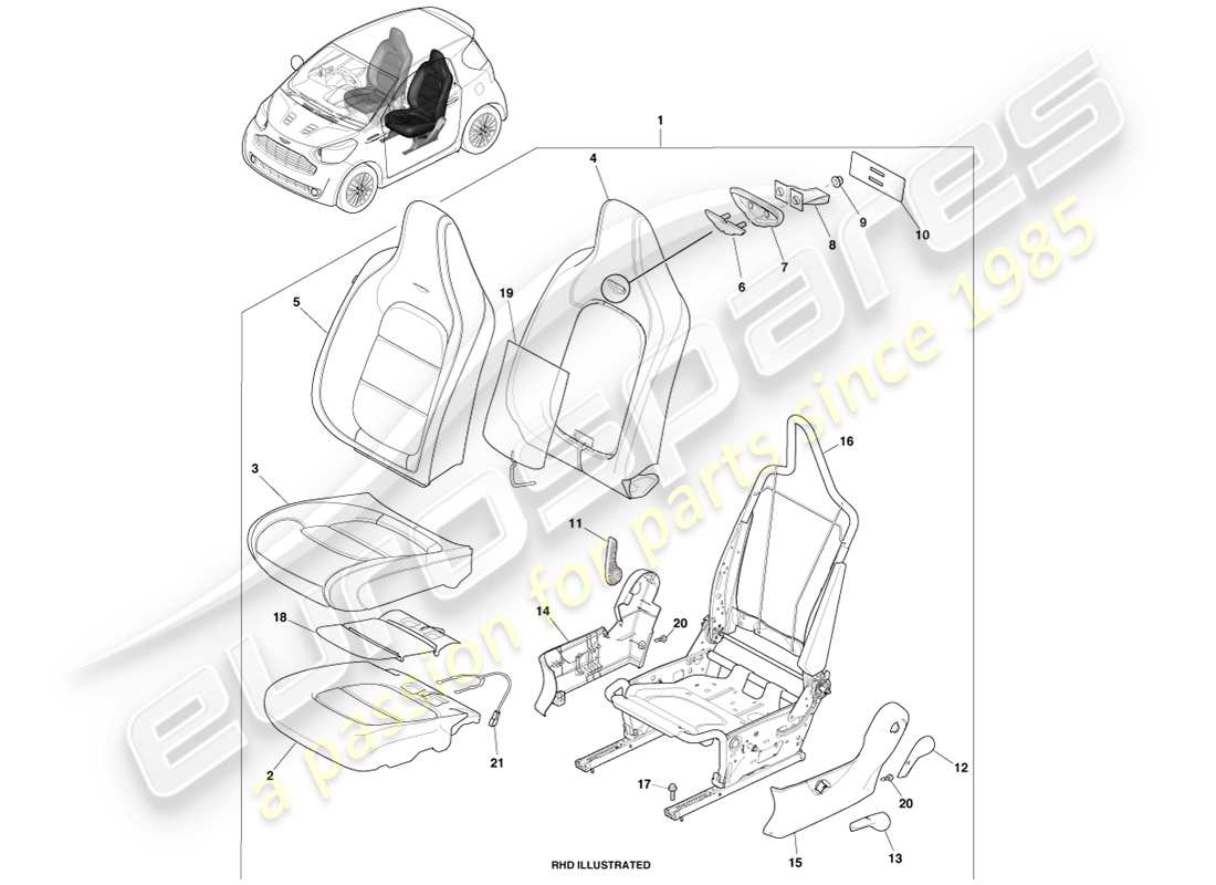 aston martin cygnet (2012) diagrama de piezas del asiento delantero y pasajero
