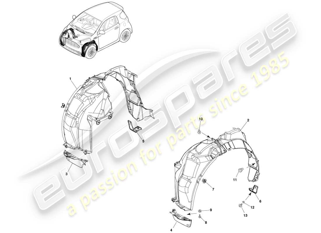 aston martin cygnet (2012) diagrama de piezas de los revestimientos de los pasos de rueda delanteros
