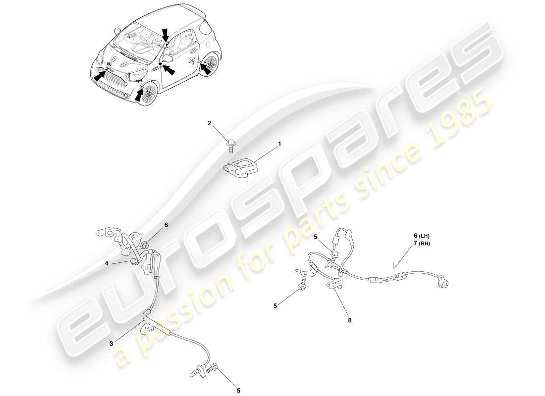 aston martin cygnet (2012) diagrama de piezas de los sensores de control electrónico de frenos