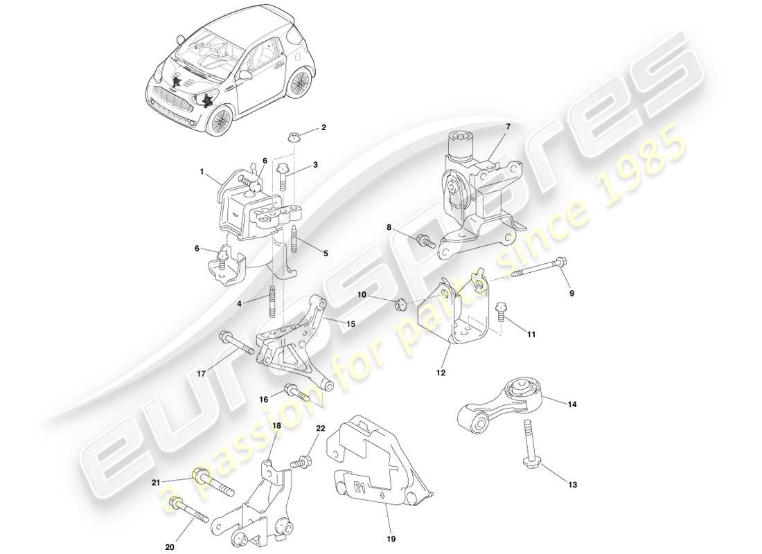 aston martin cygnet (2012) soportes del tren motriz - diagrama de piezas del manual