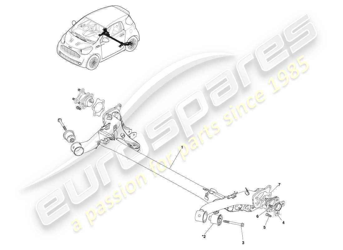 aston martin cygnet (2012) diagrama de piezas del conjunto de viga de suspensión trasera