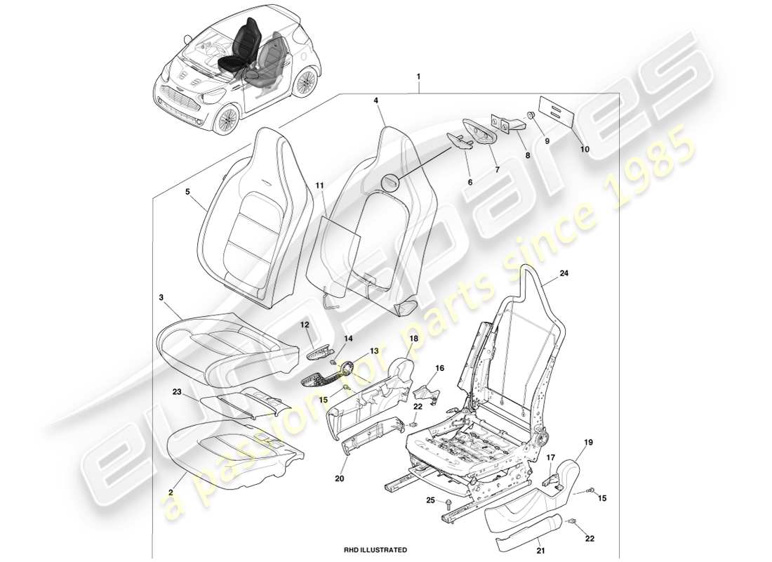 aston martin cygnet (2012) asiento delantero, diagrama de piezas del conductor