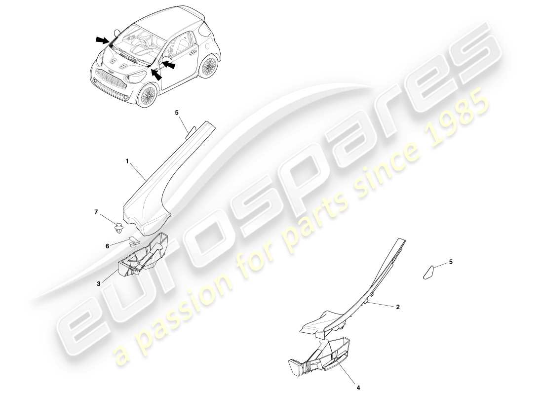 aston martin cygnet (2012) diagrama de piezas de acabados superiores exteriores y de techo