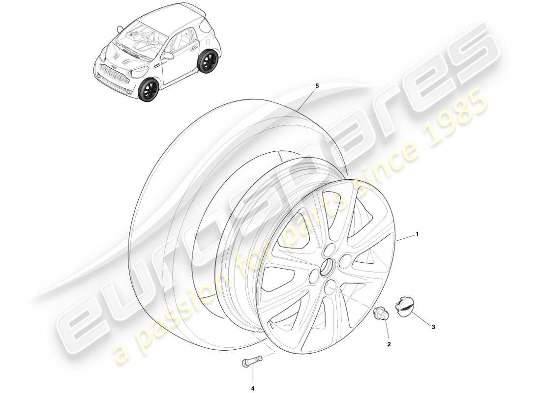 aston martin cygnet (2012) diagrama de piezas del conjunto de ruedas y neumáticos