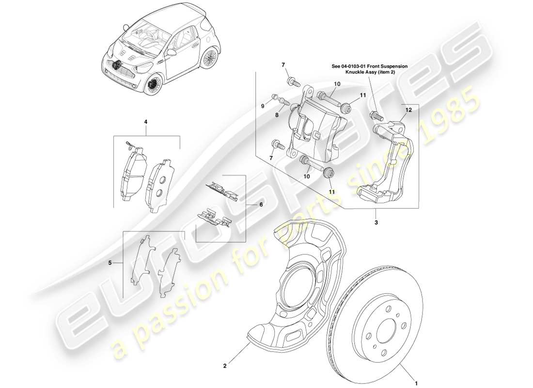 aston martin cygnet (2012) diagrama de piezas del conjunto del disco de freno delantero