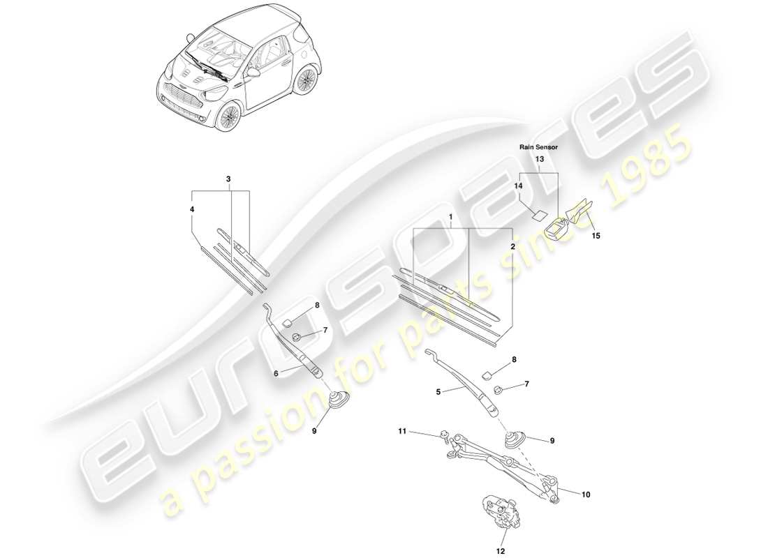 aston martin cygnet (2012) diagrama de piezas del limpiaparabrisas delantero, lhd