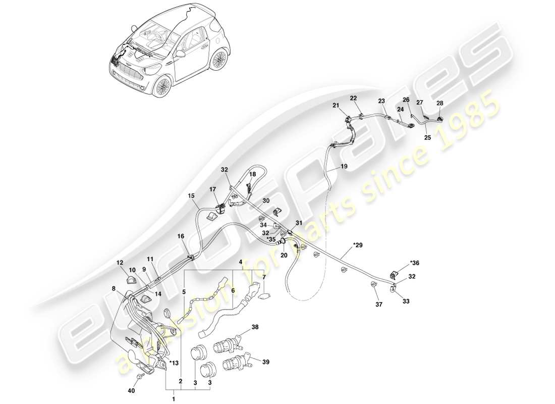 aston martin cygnet (2012) diagrama de piezas del conjunto de lavado del parabrisas