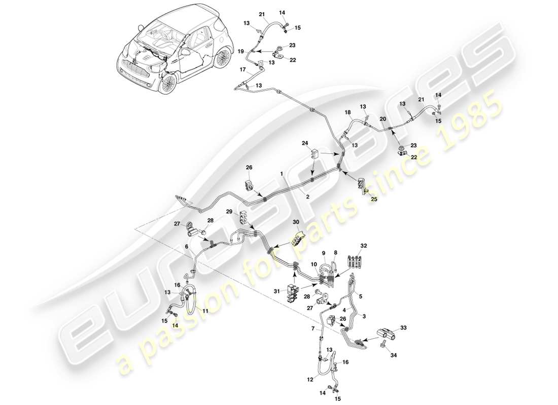 aston martin cygnet (2012) diagrama de piezas de mangueras y líneas de freno rhd