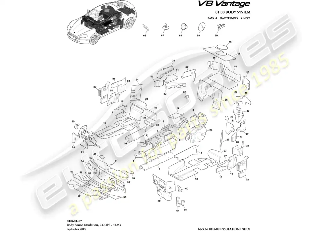 aston martin v8 vantage (2008) aislamiento de carrocería, cupé, diagrama de pieza 14my