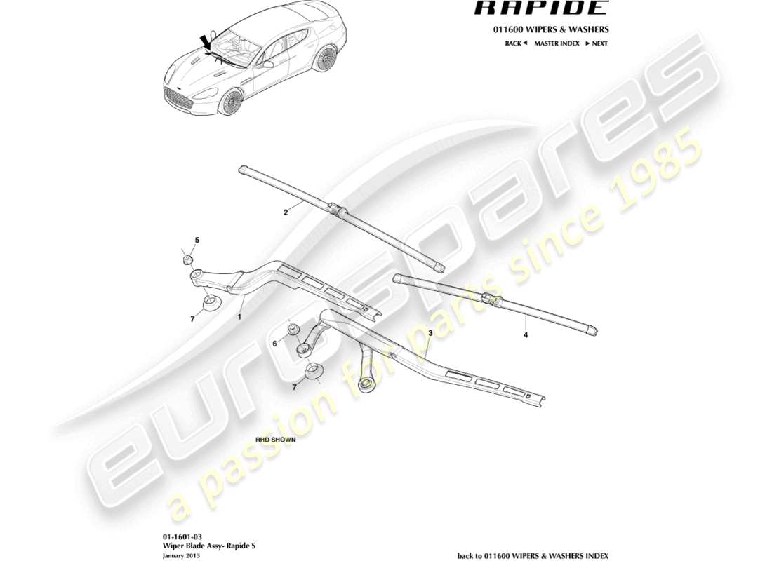aston martin rapide (2011) conjunto de escobilla de limpiaparabrisas, s diagrama de piezas