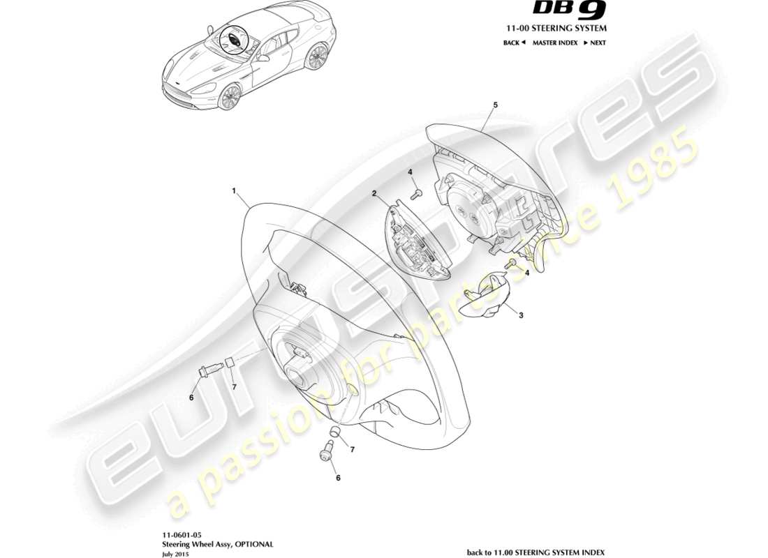 aston martin db9 (2016) volante, diagrama de piezas opcionales