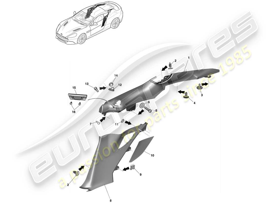 aston martin vanquish (2014) panel embellecedor del cuarto trasero, 2+0 diagrama de piezas del cupé