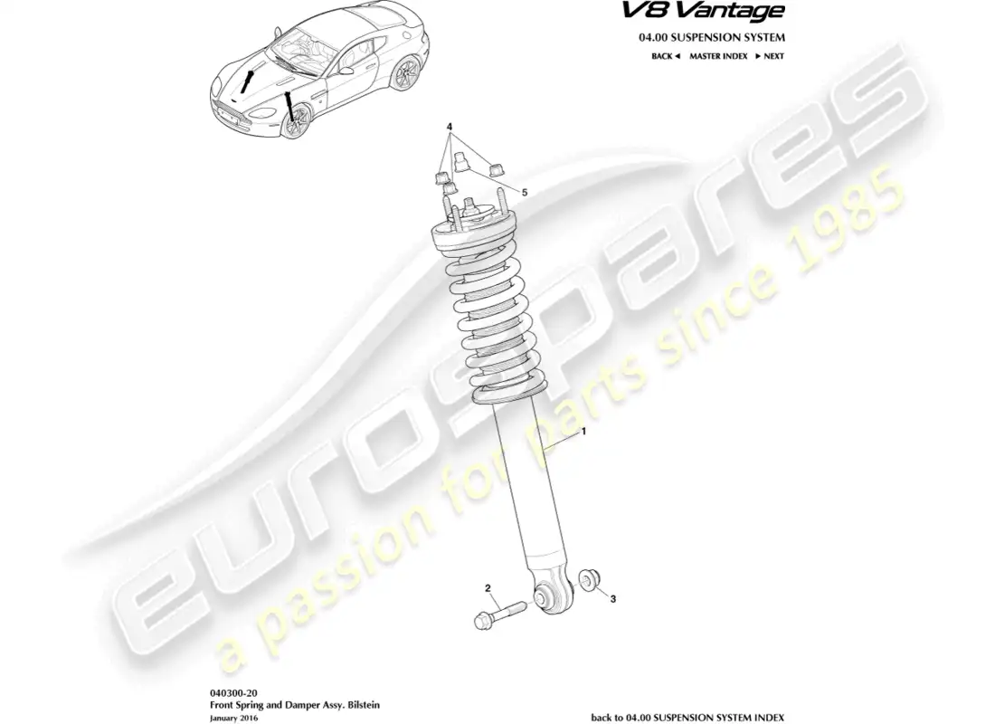 aston martin v8 vantage (2008) resorte delantero y amortiguador, diagrama de piezas bilstein
