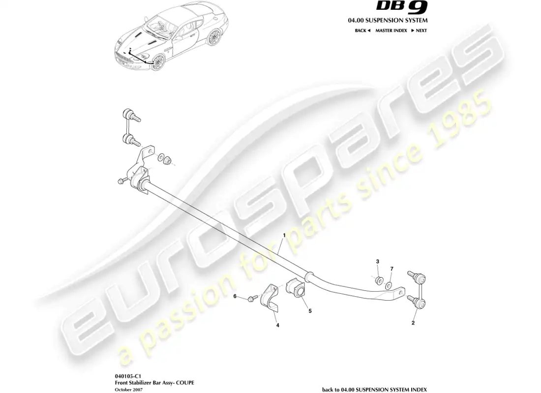 aston martin db9 (2005) barra estabilizadora delantera, diagrama de piezas del cupé