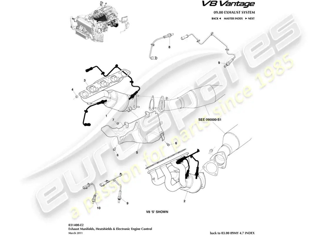 aston martin v8 vantage (2008) colectores de escape diagrama de piezas