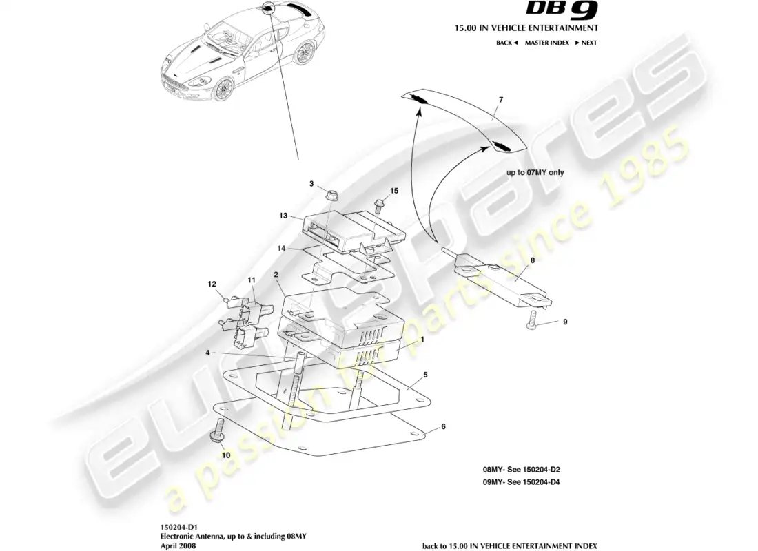 aston martin db9 (2012) diagrama de piezas de antena electrónica