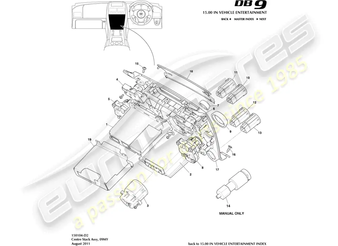 aston martin db9 (2012) consola central, diagrama de piezas 09my
