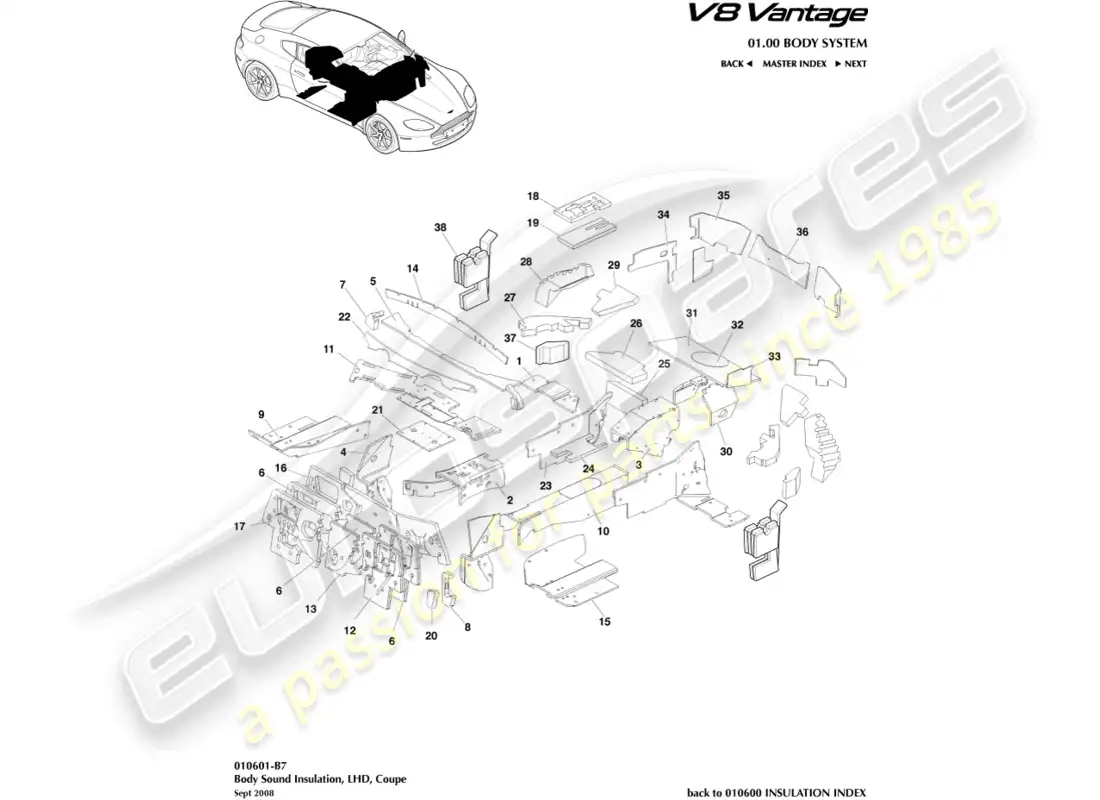 aston martin v8 vantage (2008) aislamiento de la carrocería, diagrama de piezas lhd
