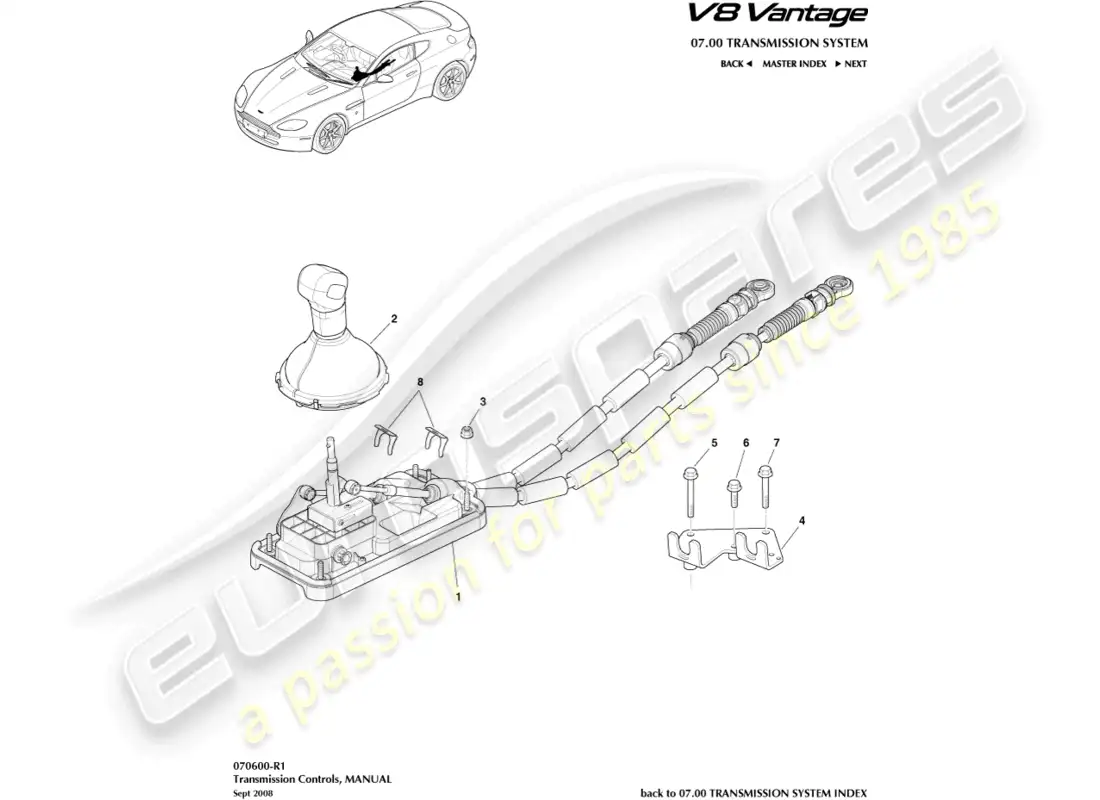aston martin v8 vantage (2008) conjunto de palanca de cambios, diagrama de piezas del manual