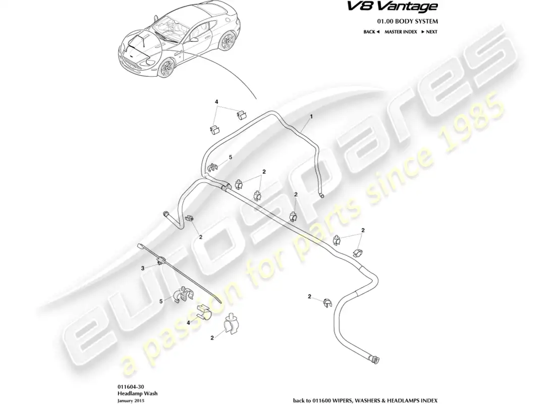 aston martin v8 vantage (2008) diagrama de piezas de lavado de faros