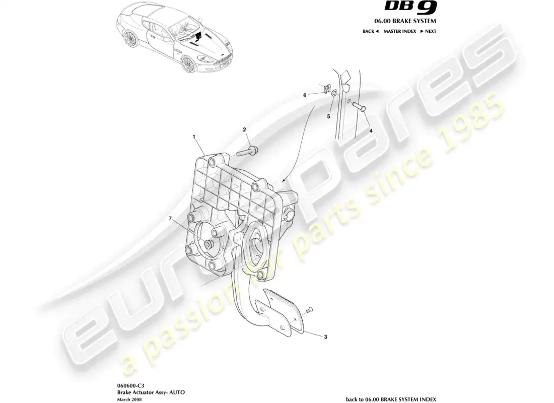aston martin db9 (2006) conjunto del actuador de freno, diagrama de piezas de automóvil